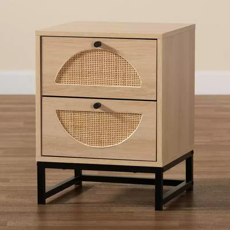 Ardon Comodino 1 cassetto in legno e metallo bohémien con rattan marrone/nero