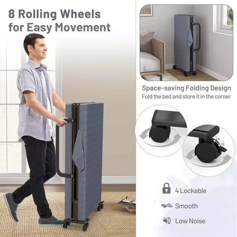 Bed Adjustable Guest Single Bed Mattress Portable Wheels Brown/Grey/White