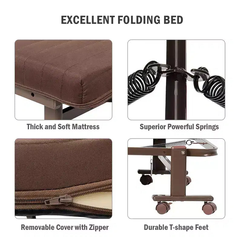 Letto singolo regolabile per ospiti, materasso portatile con ruote marrone/grigio/bianco