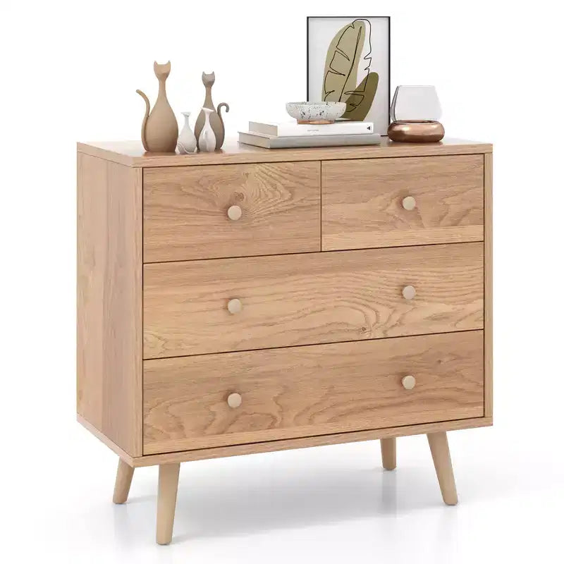 Costway 4-Drawer Dresser Chest Cabinet Storage Organizer Rubber Leg W/Rail Walnut Finish