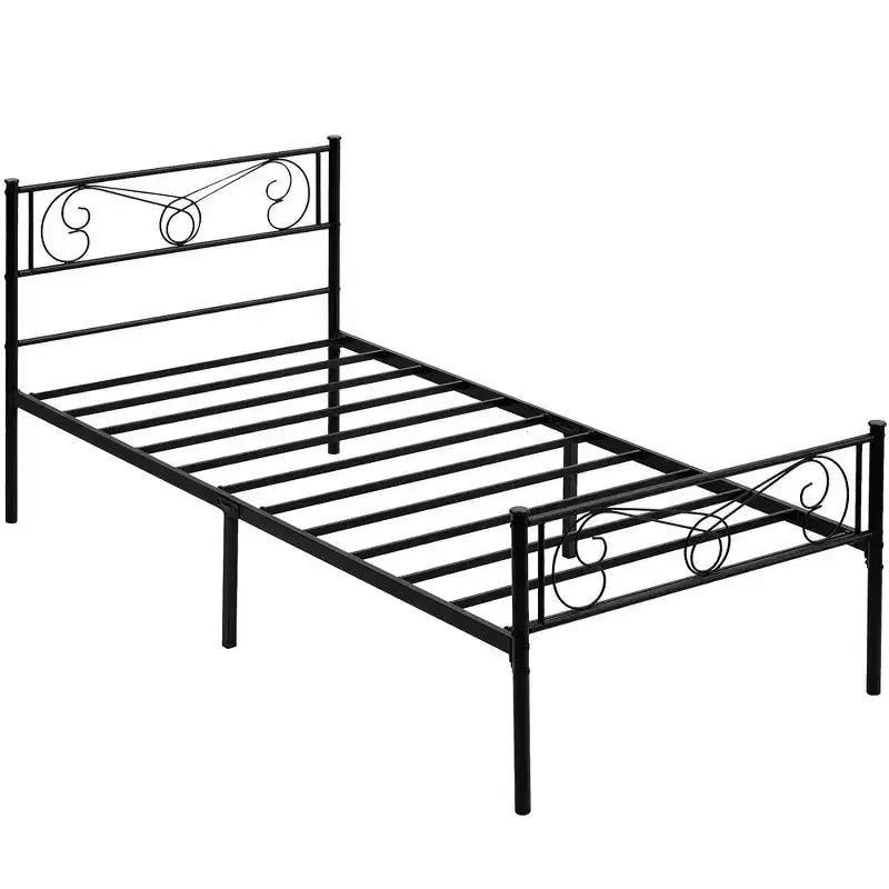 Letto con testiera e pediera, struttura in metallo con materasso e contenitore, non richiede rete a doghe, nero
