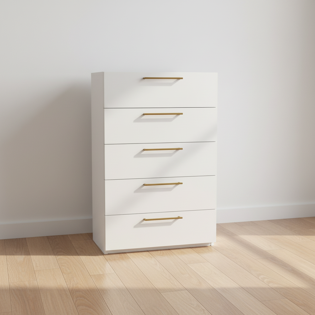 Aria 5-Drawer White Dresser with Gold Handles